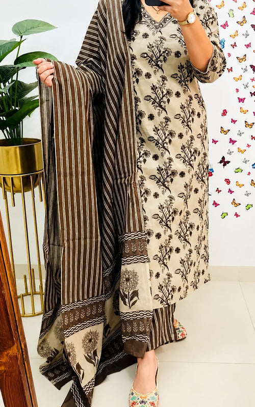 Beige Floral Printed Rayon Kurta Pant Dupatta Set Elegant Ethnic Wear