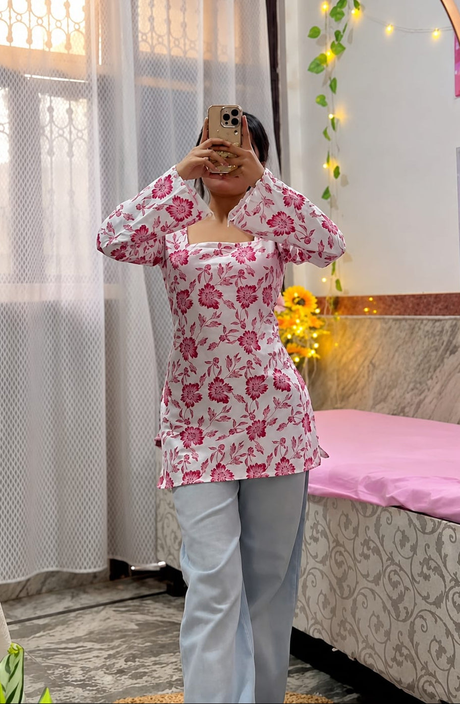 White Floral Printed Cotton Top Elegant Casual Everyday Stylish Tunic Wear