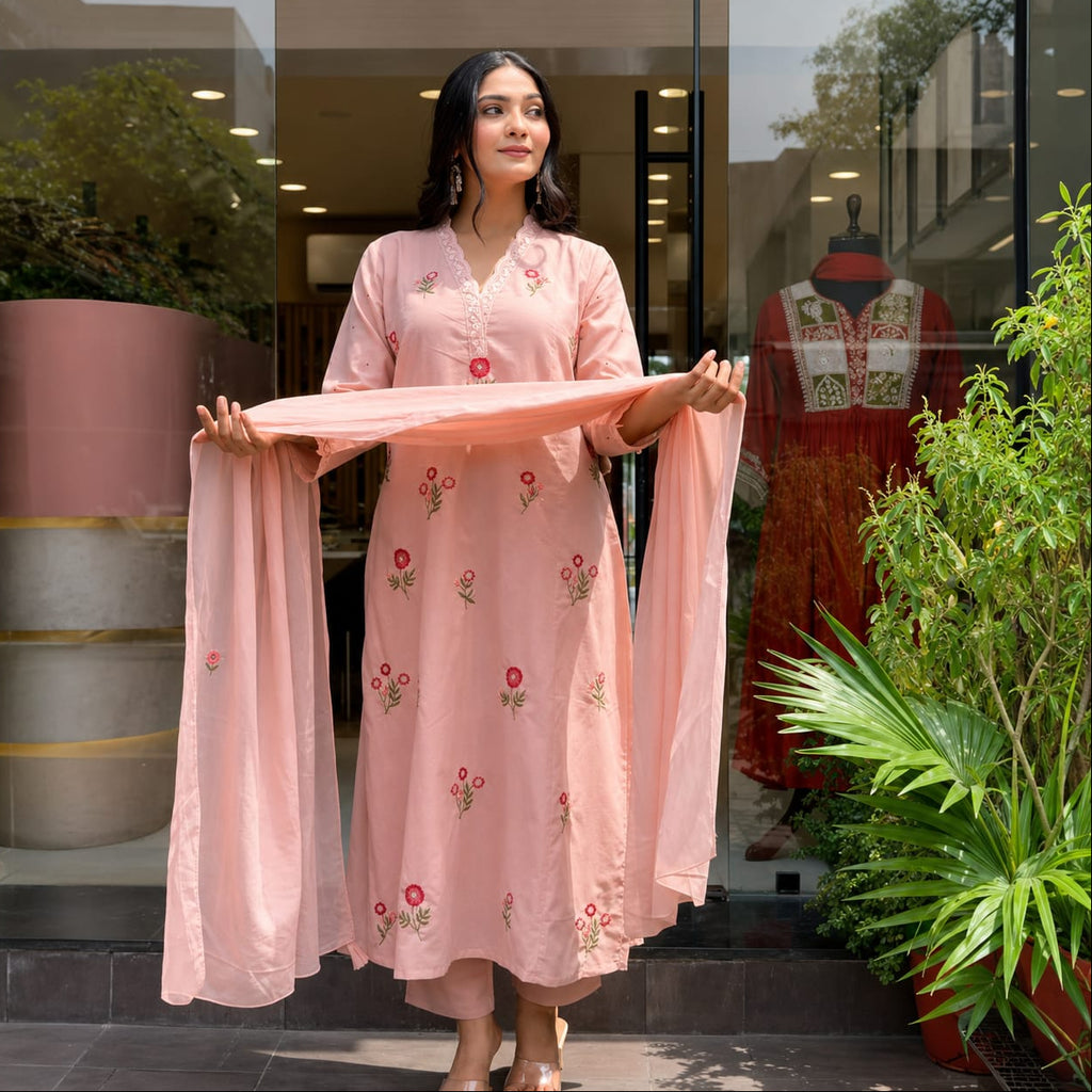Peach Embroidered Kurta Palazzo Dupatta Set Elegant Party Ethnic Wear