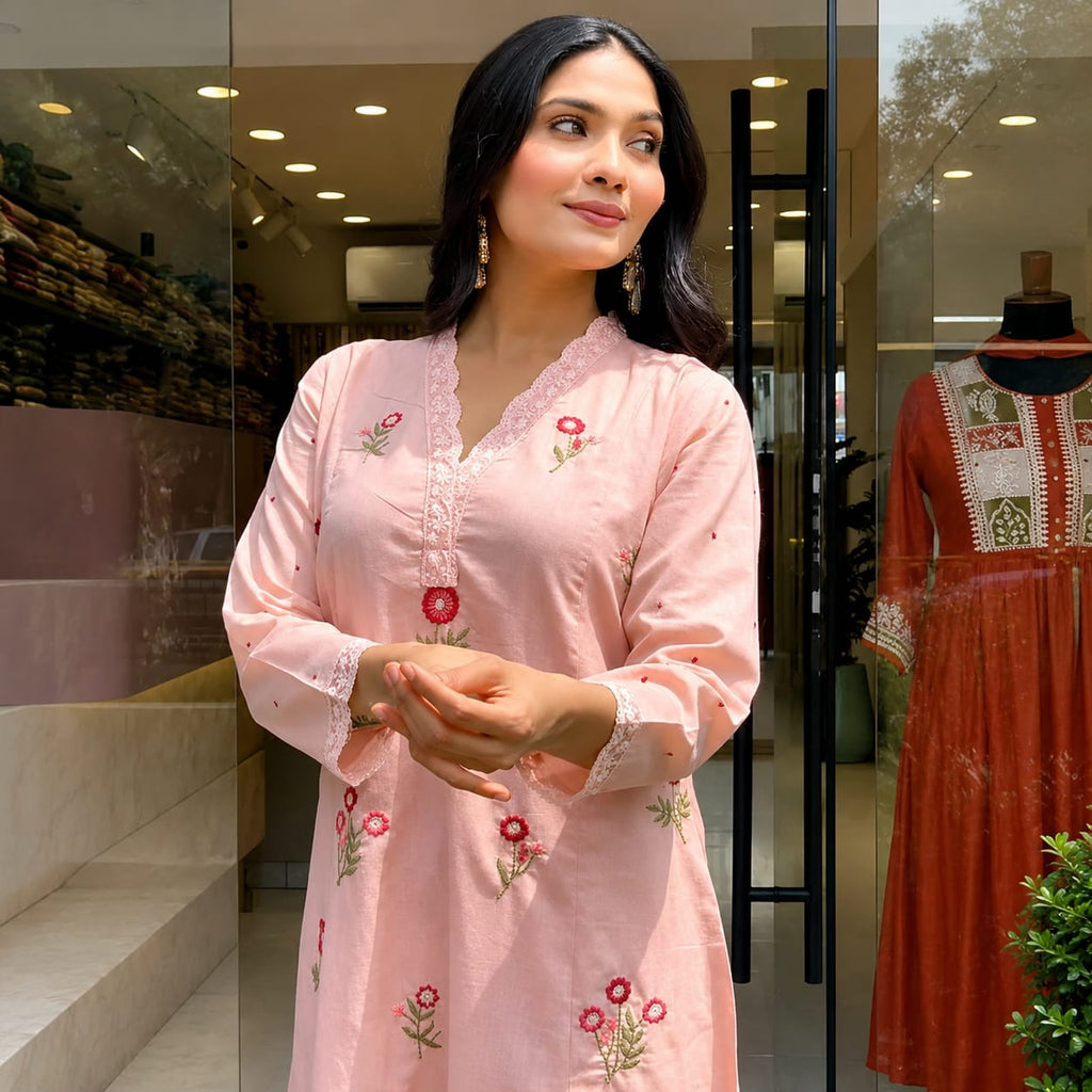 Peach Embroidered Kurta Palazzo Dupatta Set Elegant Party Ethnic Wear