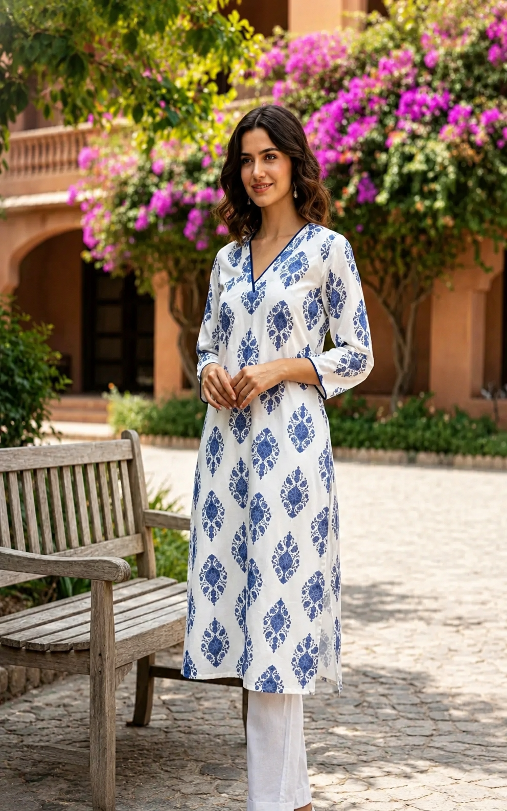 Beautiful womens Kurti in V-neck, Calf length, Three-quater sleeves