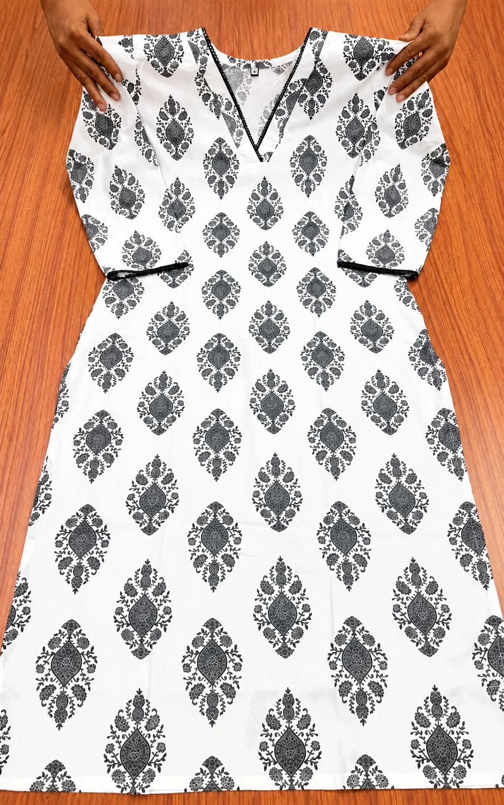 Beautiful womens Kurti in V-neck, Calf length, Three-quater sleeves