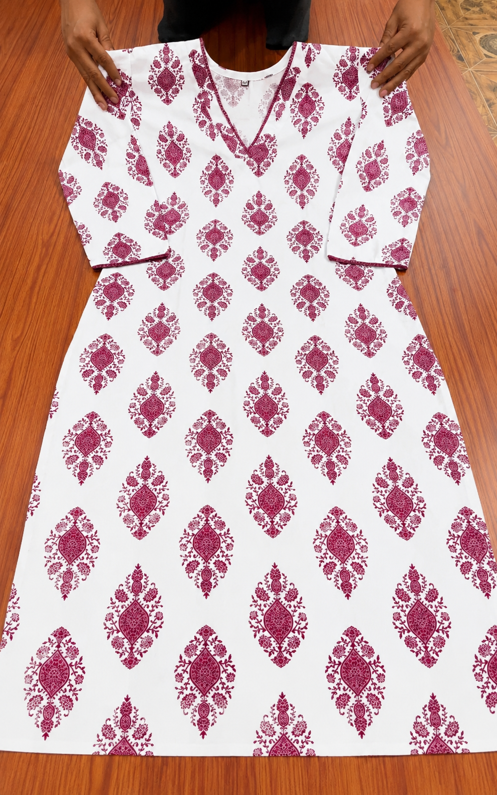 Beautiful womens Kurti in V-neck, Calf length, Three-quater sleeves