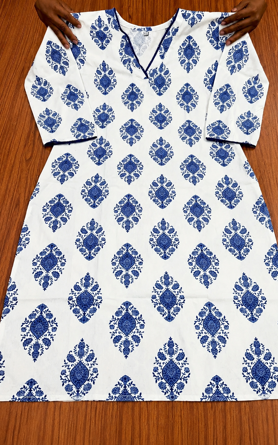 Beautiful womens Kurti in V-neck, Calf length, Three-quater sleeves